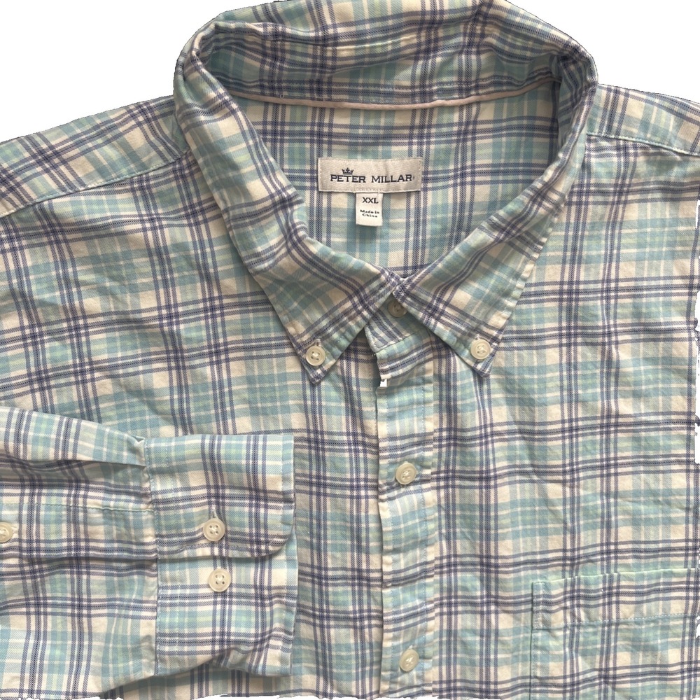 Peter Millar Mens XXL Blue Plaid Cotton Silk Button Down Shirt